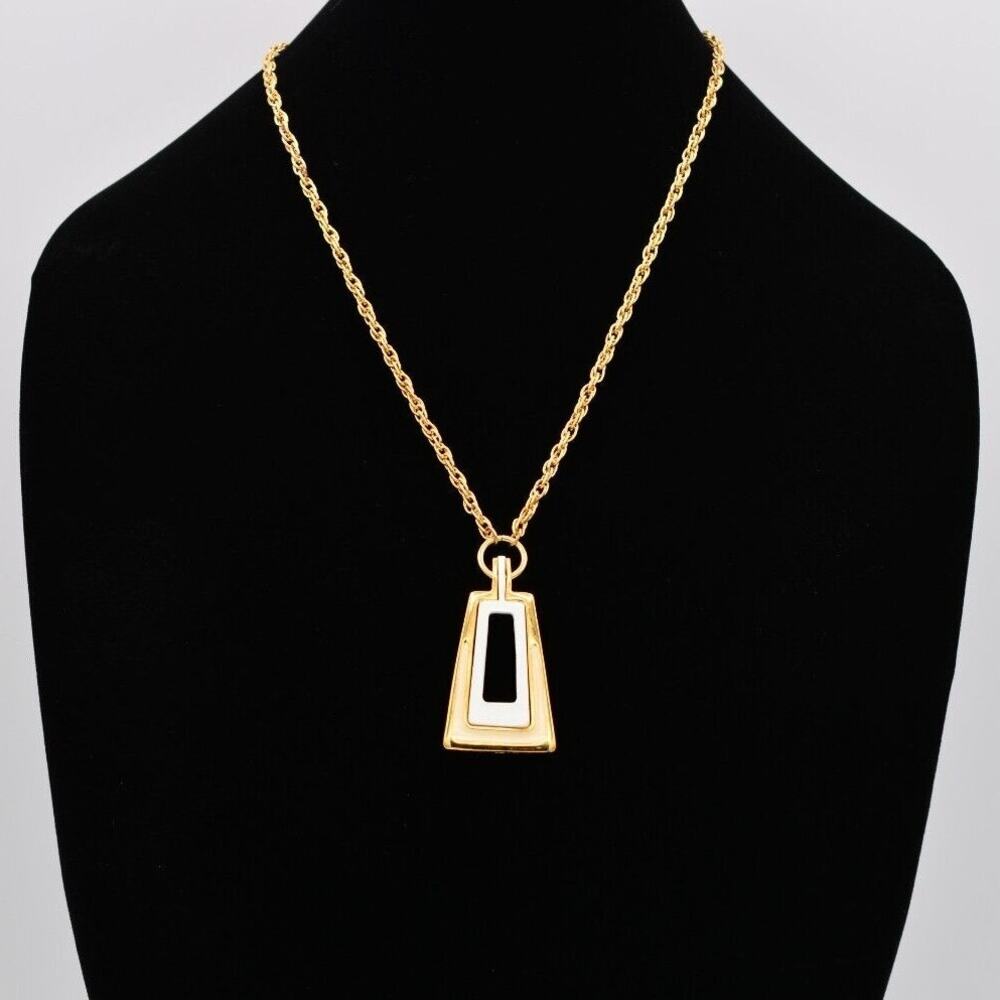 Vintage Pendant Necklace Cream White Enamel Gold Chain Geometric NOS 1980s BinA2